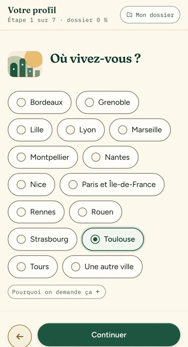 The profile screen, in French: where do you live?