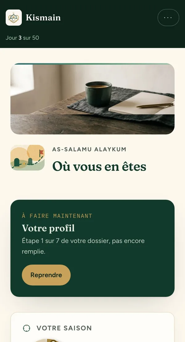 The app home screen, in French: day 3 of 50.
