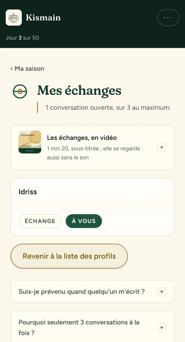 The My conversations screen, in French.