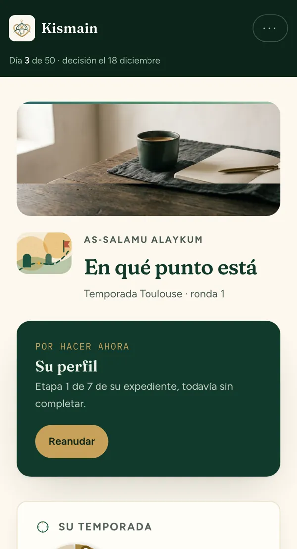 La pantalla de inicio de la aplicación, en francés: día 3 de 50.